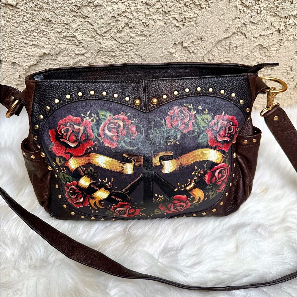 Isabella Fiore crossbody leather peace sign & Roses design